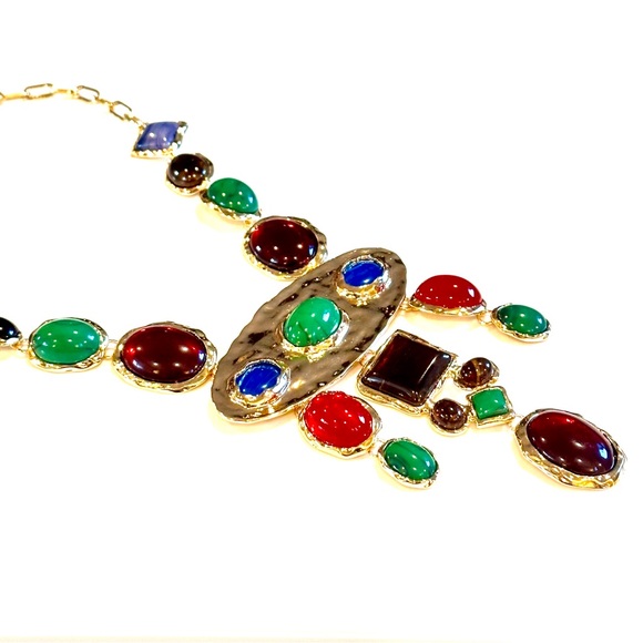 NATASHA Super Shiny Colorful Polished Gold & Gemstone Statement Necklace NWT - Picture 8 of 9
